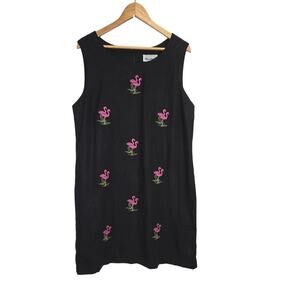 Ultra Dress Midi Linen Embroidered Flamingo's Black Dress Size 16"